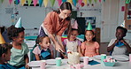 Birthday party, cake and eating with students in classroom for celebration, friends and support. Academy, children and happiness with group of kids and woman at school for dessert, event and care