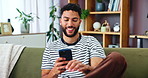 Sofa, man and happy with mobile for chat, text message and comment for reel on social media. Home, male person and relax with smartphone for application, meme website and communication with contact
