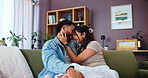 Love, happy couple and forehead touch in home for support, trust and bonding with partner to relax. Romance, woman and man embrace on sofa for marriage, connection and commitment for relationship