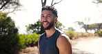 Fitness, face and man with break in nature for marathon competition, cardio challenge and resting. Male athlete, tired or happy outdoor with relax, exercise recovery and jog fatigue for healthy body