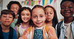 Face, children and smile for selfie in classroom for goofy expression, photography and social media post. Portrait, students and silly for learning fun, profile picture update and memory with friends