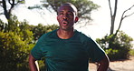 Breathe, fitness and black man in morning in nature for exercise, marathon training and workout outdoors. Sports, mountain and person for rest, recovery and sweat for performance, health and running