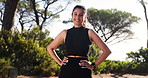 Fitness, face and woman with break in nature for marathon competition, cardio challenge or hiking. Athlete, resting or happy in forest with relax, wellness exercise and healthy body for performance