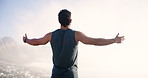 Man, back and fitness with break on mountain for conquer, winning or workout in nature. Male person, relax and completion with freedom for outdoor exercise, cardio or health challenge on mockup space