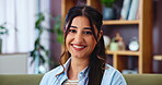 Face, woman and relax with smile at house for weekend break, calm morning and peace in living room. Happy, female person and thinking with rest for wellness, self care and ideas for comfort in lounge