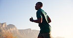 Man, cardio and profile in nature for fitness, outdoor and running gear for wellness goals. Mountain, road and active sportswear for exercise in countryside, marathon training and athlete for sports