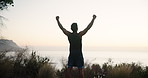Man, back or winning with fitness on mountain for workout achievement, goals or success in nature. Male person, athlete or runner with success in sky for performance, exercise or training completion
