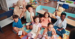 Education, answer and group of children, students and teacher with questions in classroom or school. Elementary, learning and teaching kids for knowledge, growth and development with quiz and lesson