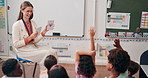 Teacher, students and education question in classroom for answer, learning feedback and quiz lesson. Kindergarten, kids and problem solving for solution, creative assessment and knowledge development