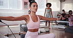 Fitness, personal trainer and pilates group in class for instruction, exercise or performance. Breathing, reformer machine and woman coaching happy students in gym for development or improvement