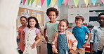 Dance, education and mobility with group of students in classroom for motor skills development. Happy, fun or music with boys and girls at school together for academic growth, rhythm or scholarship