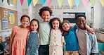 Face, education and diversity with students in classroom for future, hug and youth. Learning, academy and knowledge with group of kids at school for child development, friends and happiness together