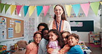 Woman, face and hug children in classroom, teacher and support with growth development at academy. Education, portrait and embrace with kids, students gratitude and school for learning knowledge