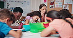 Helping, students and education with teacher in classroom for future, lesson and youth. Learning, academy and knowledge with group of kids at school for child development, studying and growth