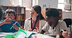 Drawing, teacher and children in school classroom for development, growth or learning. Creative, writing and woman teaching students in kids academy for art, elementary study or youth scholarship