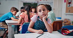 Girl, preschooler and child thinking in classroom with books, education and learning development. ADHD, kid and bored female student daydreaming for lesson, ideas and knowledge in artistic assessment