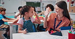 Happy teacher, girl or high five with help at school for support, learning or youth development. Woman, child and kid with fine motor skills, assistance or success in classroom for creative activity