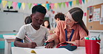 Teacher, boy or writing with help at school for support, assisted learning or youth development. Woman, child and kid with fine motor skills, support or assistance in classroom for creative activity