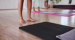 Pilates, mat and start with feet of woman in class for hot yoga studio, exercise and sweating. Bikram workout, health and closeup of person and floor of in gym studio for fitness, wellness or balance
