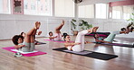 Fitness, workout and women in class, group and dead bug exercise for core muscles, floor and improve posture. Pilates, active and performance to prevent back pain, balance and routine for people