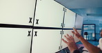 Business, computer screen and discussion for project, people and teamwork with tech or video editing. Collaboration, tracking markers and colleagues with software in office, mockup space and pointing