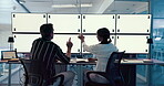Computer screen, creative and people in office, collaboration and market research for article or copywriter. Tracking markers, teamwork and discussion with tech for project, mockup or online for blog