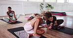 Phone, pilates and friends with women in class for streaming, fitness and teamwork. Social media, workout and wellness with people and mobile in yoga studio for health, exercise and support on post