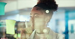 Woman, thinking and sticky notes for research at agency, satellite weather and analyze pattern. Moodboard, professional meteorologist and brainstorming in workplace, investigation and climate data