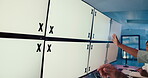 Computer screen, hands and people in office, collaboration and market research for article or copywriter. Tracking markers, teamwork and discussion with tech for project, mockup and online for blog