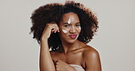 Face, black woman and cream for skincare, cosmetics and spf lotion on white studio background. Portrait, African model and silly person with dermatology, sun protection and treatment for funny joke