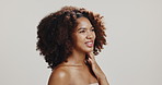 Skincare, beauty and shine with woman in studio for dermatology on white background mockup space. Thinking, makeup cosmetics and happy African model with treatment, aesthetic and glow for wellness