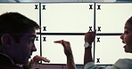 Computer screen, discussion and people in office, collaboration and market research for article or copywriter. Tracking markers, teamwork and creative with tech for project, mockup or online for blog