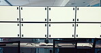 Computer screen, security and space with equipment in empty office to monitor live feed for update. Mockup, surveillance and tracking markers with display in CCTV control room for crime prevention