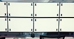 Computer screen, mockup and surveillance with equipment in empty office to monitor live feed for update. Display, space and tracking markers with CCTV control room for crime prevention or safety