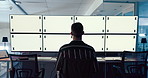 Tracking markers, mockup and back of man by computer screen typing for online research with stock market. Technology, email and financial manager with blank space desktop in office for profit report.