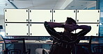Relax, stretching and man in office, computer and done with work in creative company, screen or back. Business, journalist and person with finished task, tracking markers or worker on break or mockup
