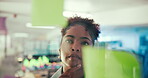 Woman, thinking and sticky notes for science at agency, satellite weather and analyze forecast. Pinboard, professional meteorologist and brainstorming in workplace, investigation and climate data