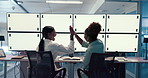 Computer screen, high five and people in office, teamwork and market research for article or copywriter. Tracking markers, creative and employee with tech for project, mockup space or online for blog