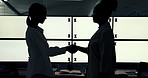 Handshake, mockup space and business people in office with finance deal for company revenue. Greet, meeting and financial manager with client for investment contract by desktop with tracking markers.
