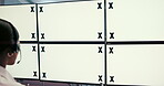 Computer screen, security and space for surveillance with woman in CCTV control room from back. Display, mockup and tracking markers on monitor for crime prevention or tracking with person in headset