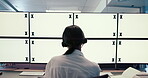 Computer, monitor and space for surveillance with woman in CCTV control room from back. Display, mockup and tracking markers on empty screen for crime prevention or tracking with person in headset