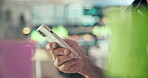 Phone, hands and businessman in office at night with communication for finance report deadline. Cellphone, email and male financial manager with online contact for company investment proposal. 