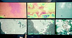 Computer, screen and ecology with map, control room and broadcast for news research. Data, environment and weather science with forecast for report, meteorology update and climate change satellite