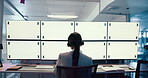 Computer, display and space for surveillance with woman in CCTV control room from back. Mockup, security and tracking markers on monitor for security or tracking crime with person in headset
