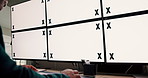 Tracking markers, mockup space and businessman by computer screen typing for research with stock market. Technology, email and male financial manager with blank desktop in office for profit report.