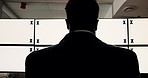 Tracking markers, mockup space and back of man by computer screen typing for research with stock market. Technology, email and male financial manager with blank desktop in office for profit report.