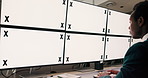 Tracking markers, mockup and businessman typing ob computer screen for research with stock market. Technology, email and male financial manager with blank space on desktop in office for profit report