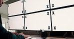 Tracking markers, mockup space and man by computer screen typing for online research with stock market. Technology, email and male financial manager with blank desktop in office for profit report.