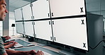 Tracking markers, mockup space and people by computer screen typing for online research with stock market. Technology, email and financial managers with blank desktop in office for profit report.