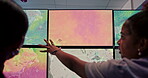 Computer, screen and women with satellite, office and broadcast for news and research. Discussion, ecology and weather people with forecast for media report, meteorology update and climate change map